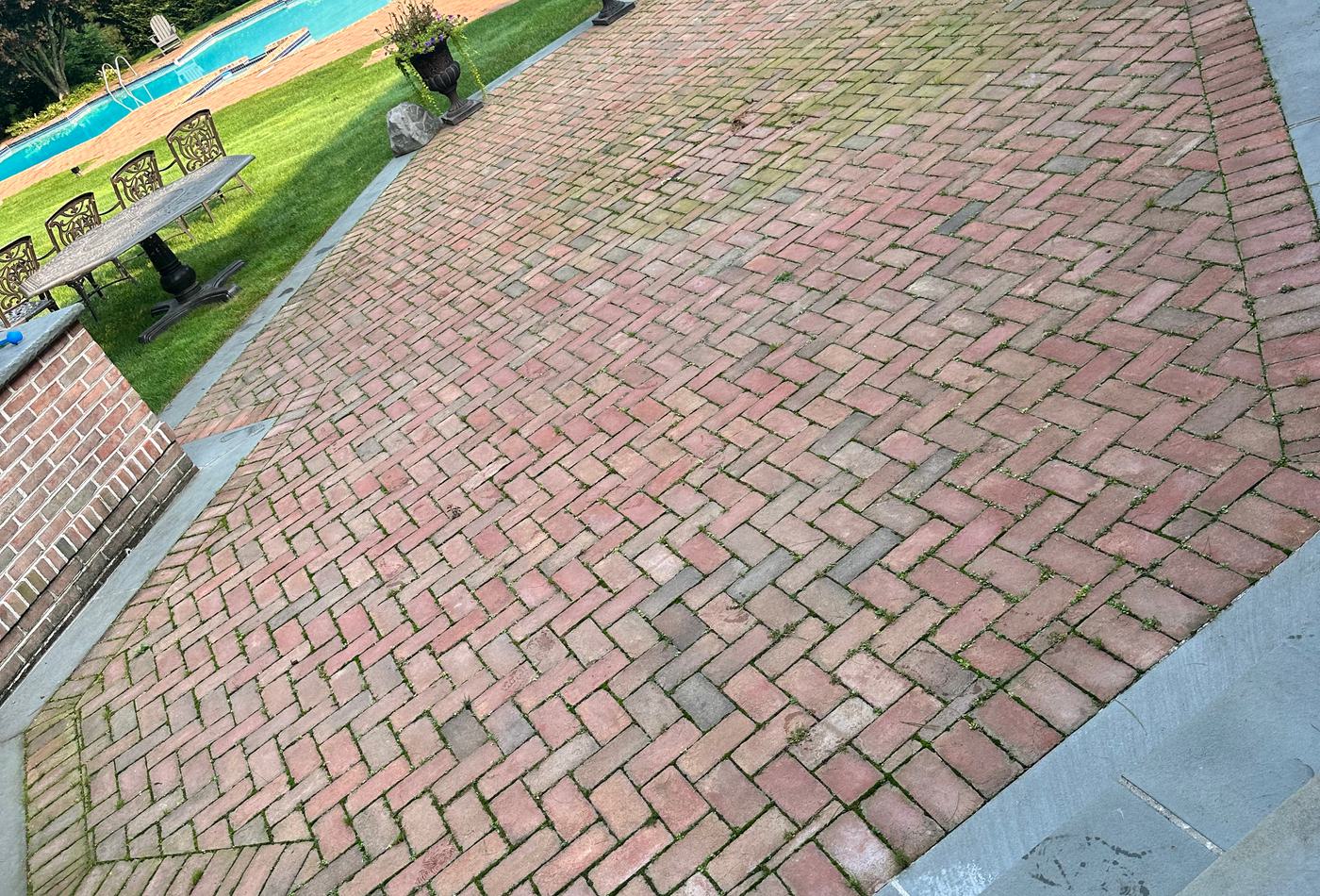 Brick patio before cleaning