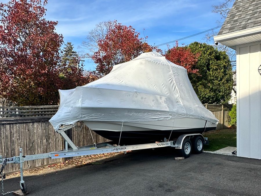 Boat shrink wrapped for winter